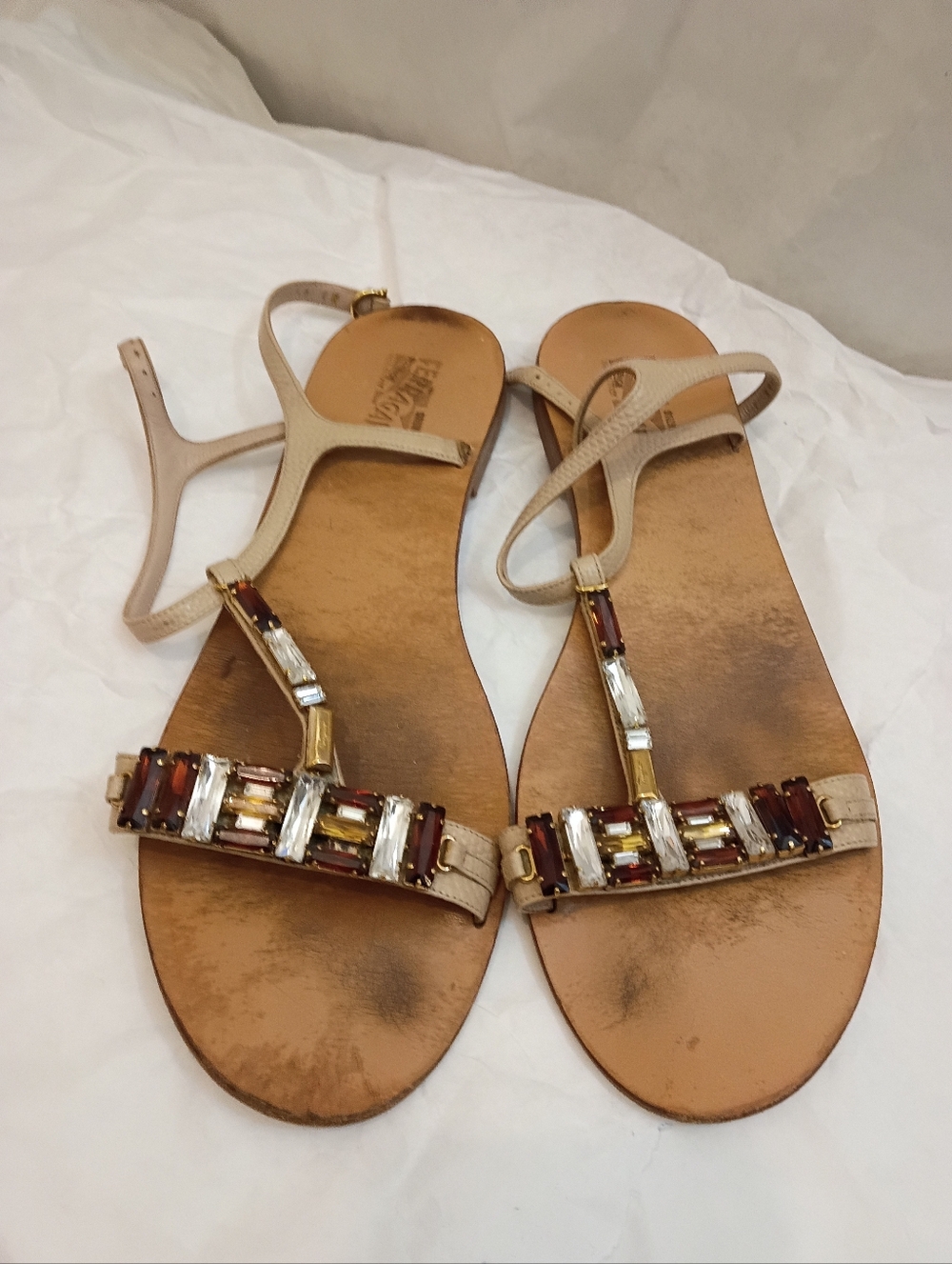 Salvatore Ferragamo Cream Sandals Crystals Accents 11M